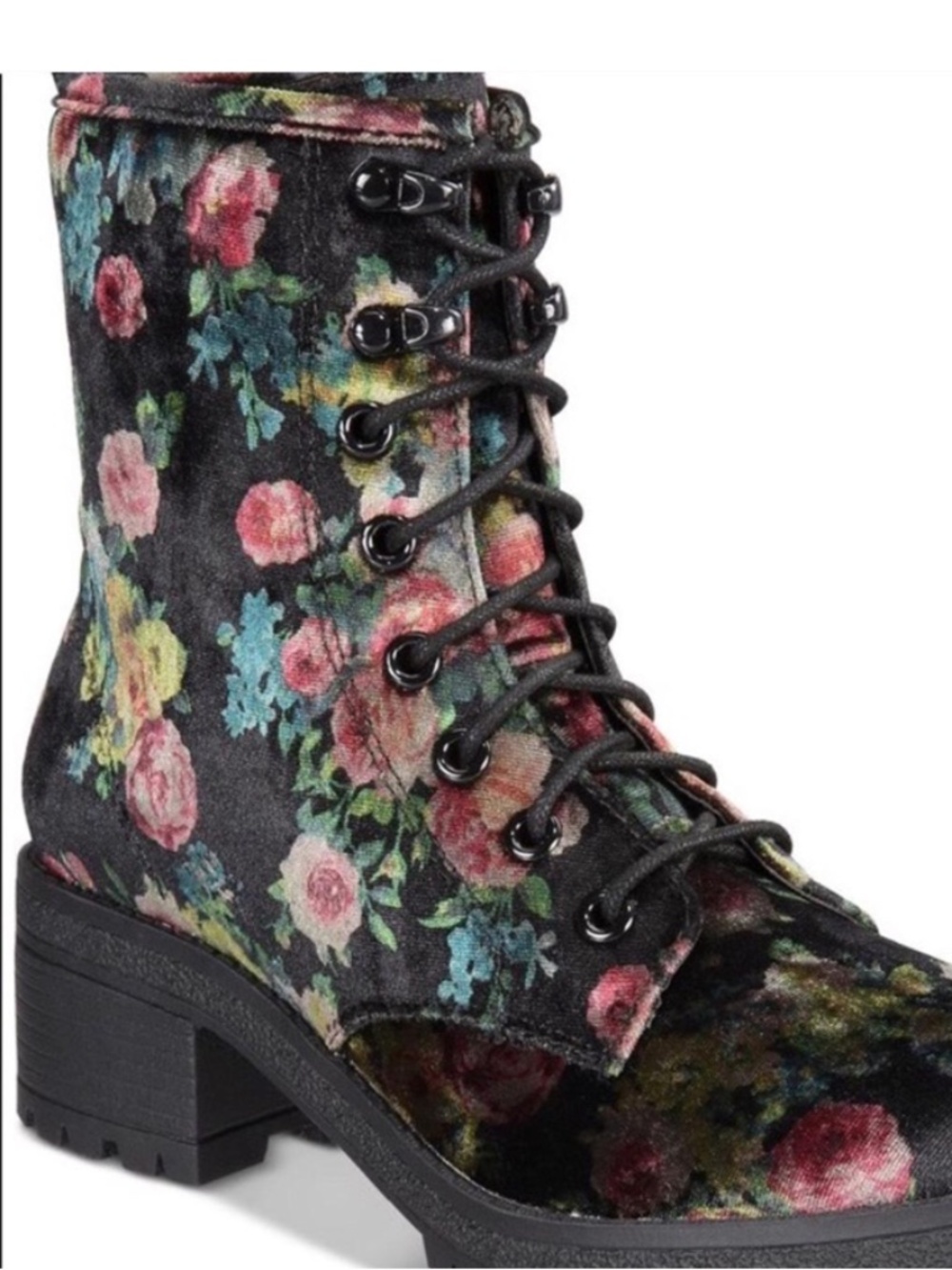 Madden Girl Black Floral Velvet Combat Boots 7M‎